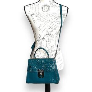 New Patricia Nash Chauny Floral Tooled Leather Satchel Handbag Purse Blue Coral